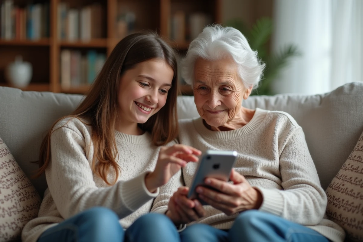 Une adolescente expliquant l'utilisation de WhatsApp à sa grand-mère sur un canapé, illustrant l'apprentissage intergénérationnel des applications de messagerie
