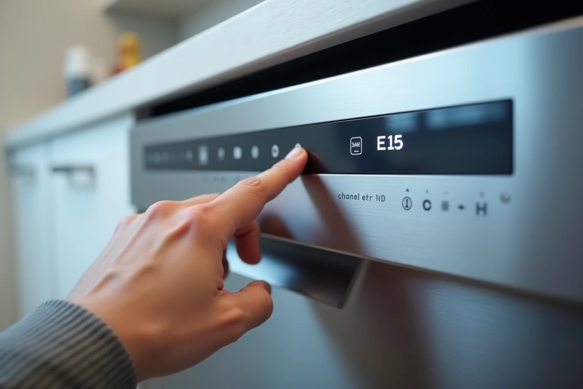 Écran d'un lave-vaisselle Bosch affichant le code erreur E15 avec une main appuyant sur le panneau de commande