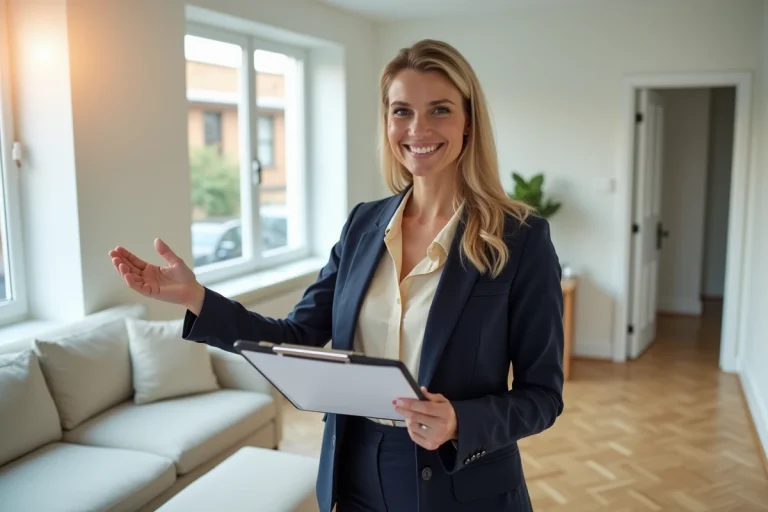 Agent immobilière présentant un appartement moderne lors d'une visite locative