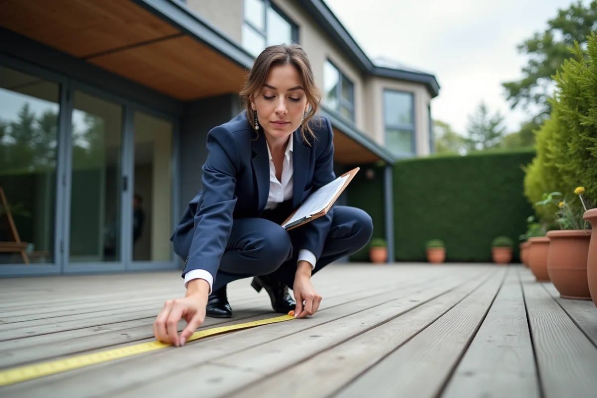 Architecte mesurant la superficie d'une terrasse en bois pour une déclaration fiscale précise