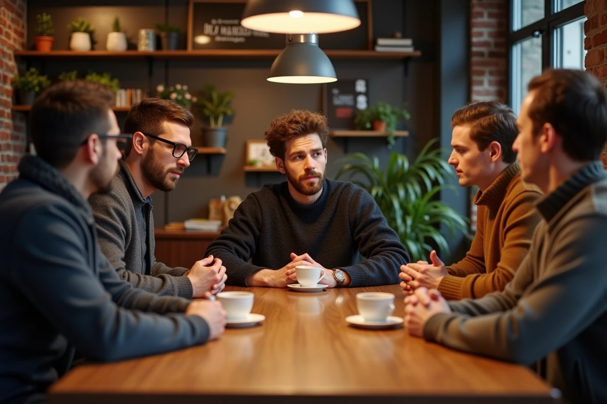 Jeunes entrepreneurs français en réunion dans un café parisien