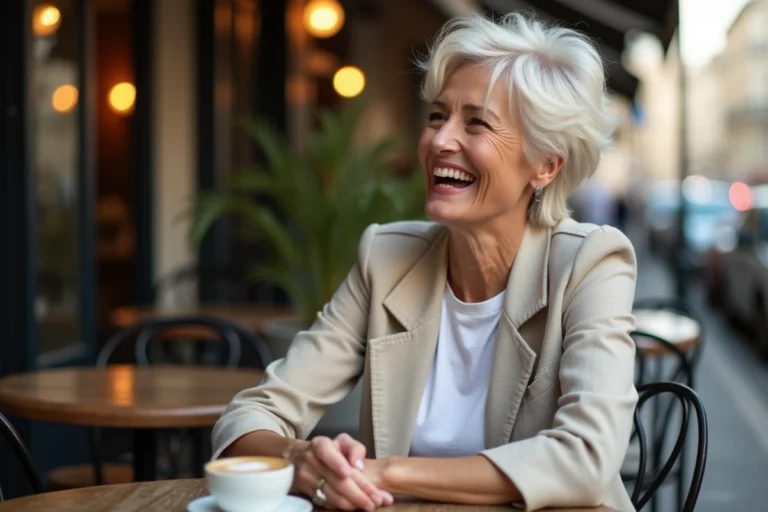 Femme blonde souriante attablée dans un café parisien, évoquant une célébrité musicale française dans un moment de vie intime