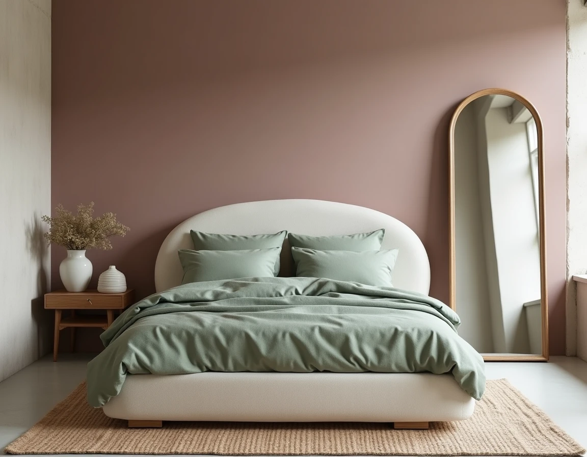 Chambre tendance 2024 au style scandinave avec tête de lit bouclé, mur en badigeon mauve et miroir arrondi sur parquet béton