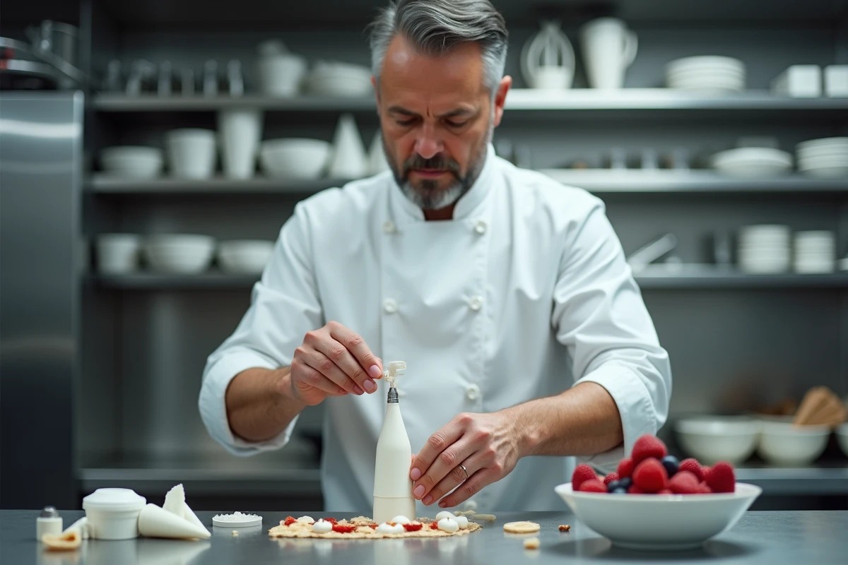 Chef pâtissier démontant le bec d'une bombe de chantilly pour en identifier la panne dans une cuisine professionnelle