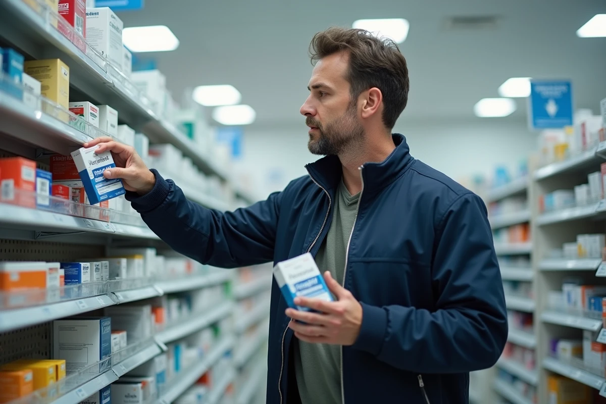 Homme comparant des boîtes de médicaments génériques dans une pharmacie de quartier, symbolisant les économies possibles sur les achats de médicaments sans ordonnance