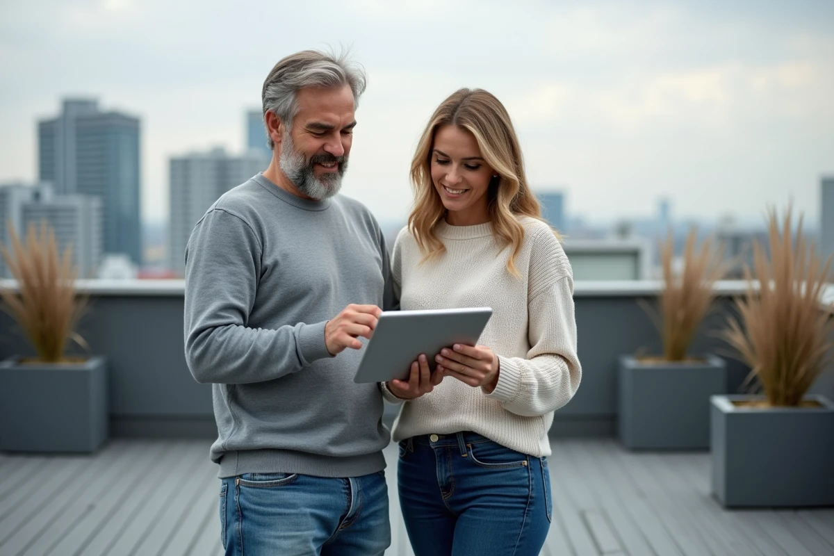 Couple consultant un formulaire fiscal en ligne sur leur terrasse urbaine pour déclarer sa surface aux impôts