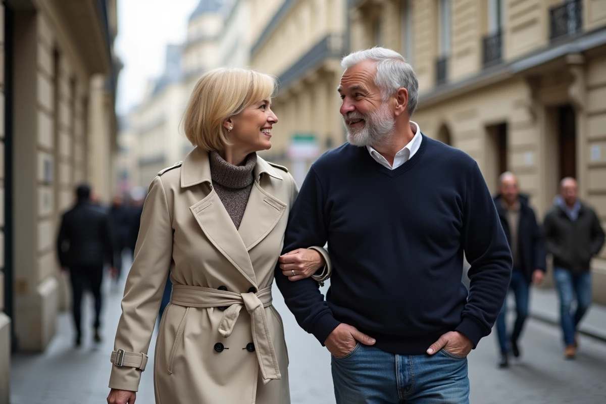 Couple complice se promenant dans une rue pavée parisienne, illustrant la vie sentimentale d'une personnalité musicale française
