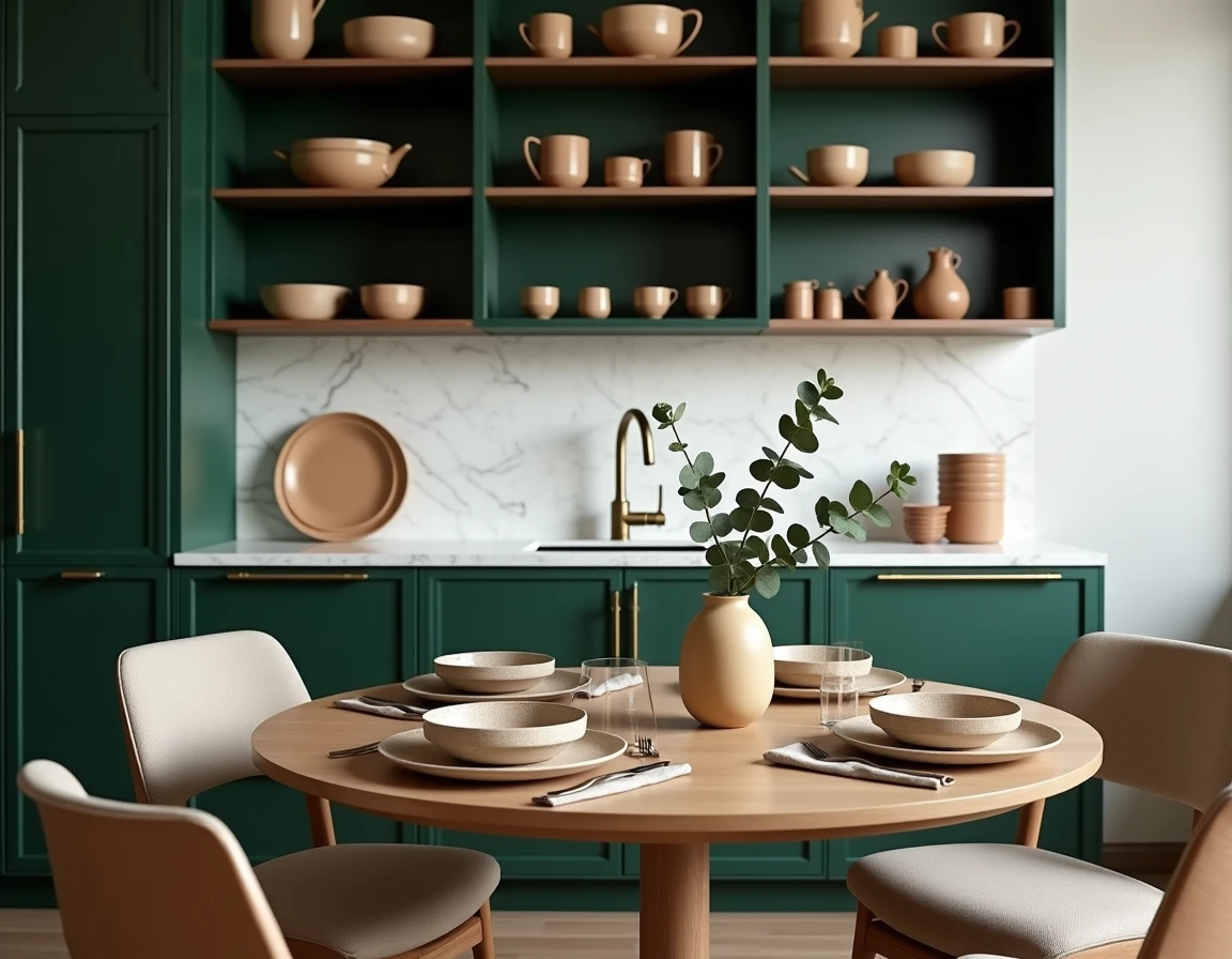 Cuisine tendance 2024 avec meubles vert forêt, quincaillerie dorée, plan de travail en marbre et vaisselle artisanale en céramique