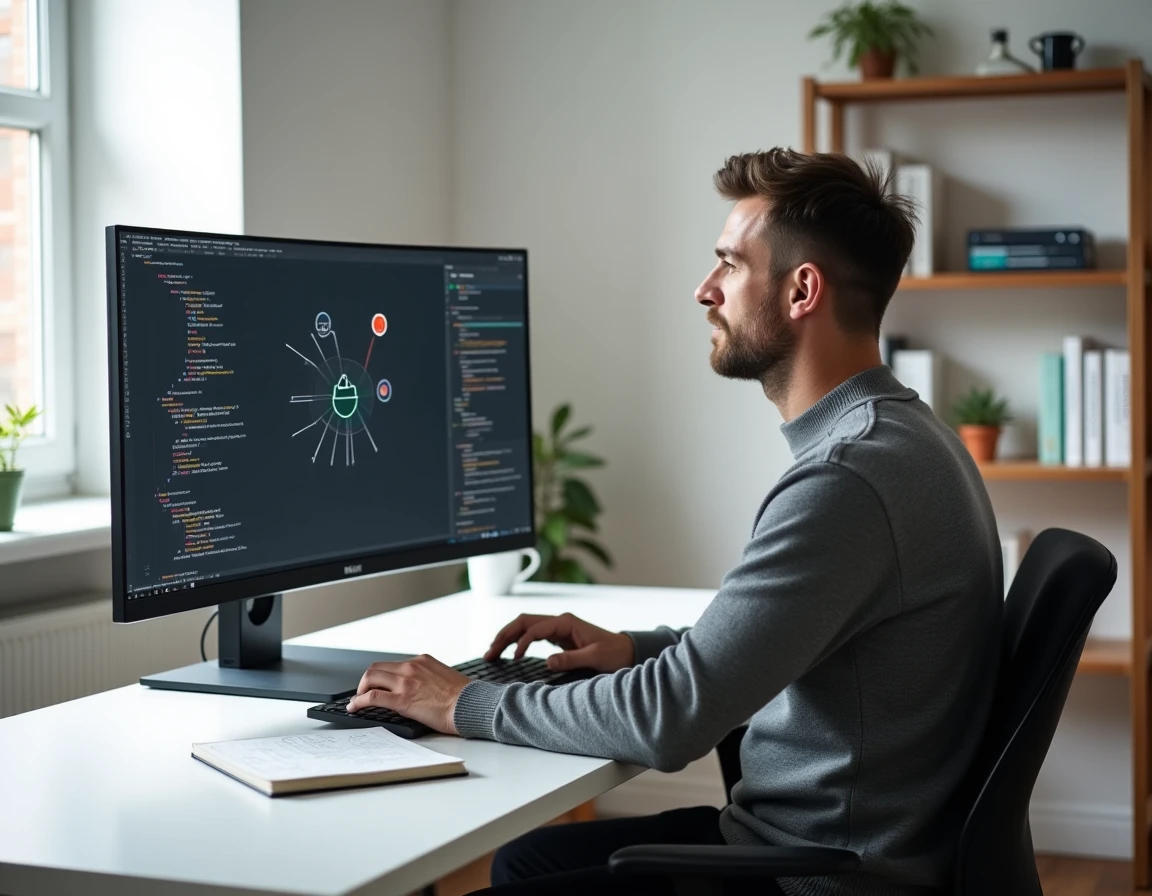 Développeur informatique travaillant seul sur une infrastructure cloud depuis son bureau à domicile dans le cadre de la transformation numérique d'une entreprise