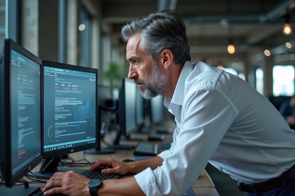 Développeur analysant une interface de moteur de recherche respectueux de la vie privée sur écrans dans un bureau moderne