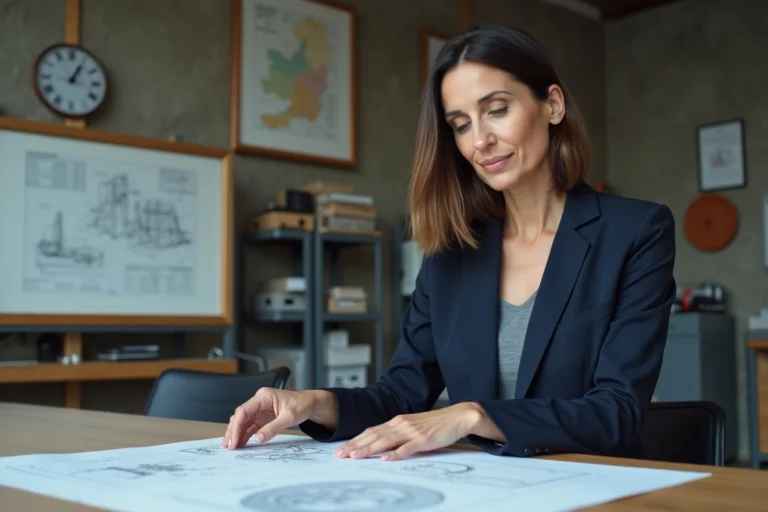 Dirigeante d'entreprise normande examinant des plans techniques dans une salle de réunion industrielle moderne