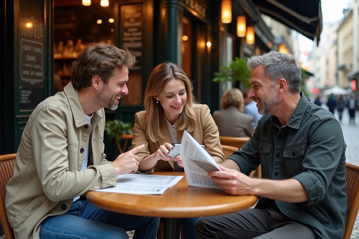 Groupe de personnes discutant des tendances et de l'actualité autour d'un journal dans un café parisien