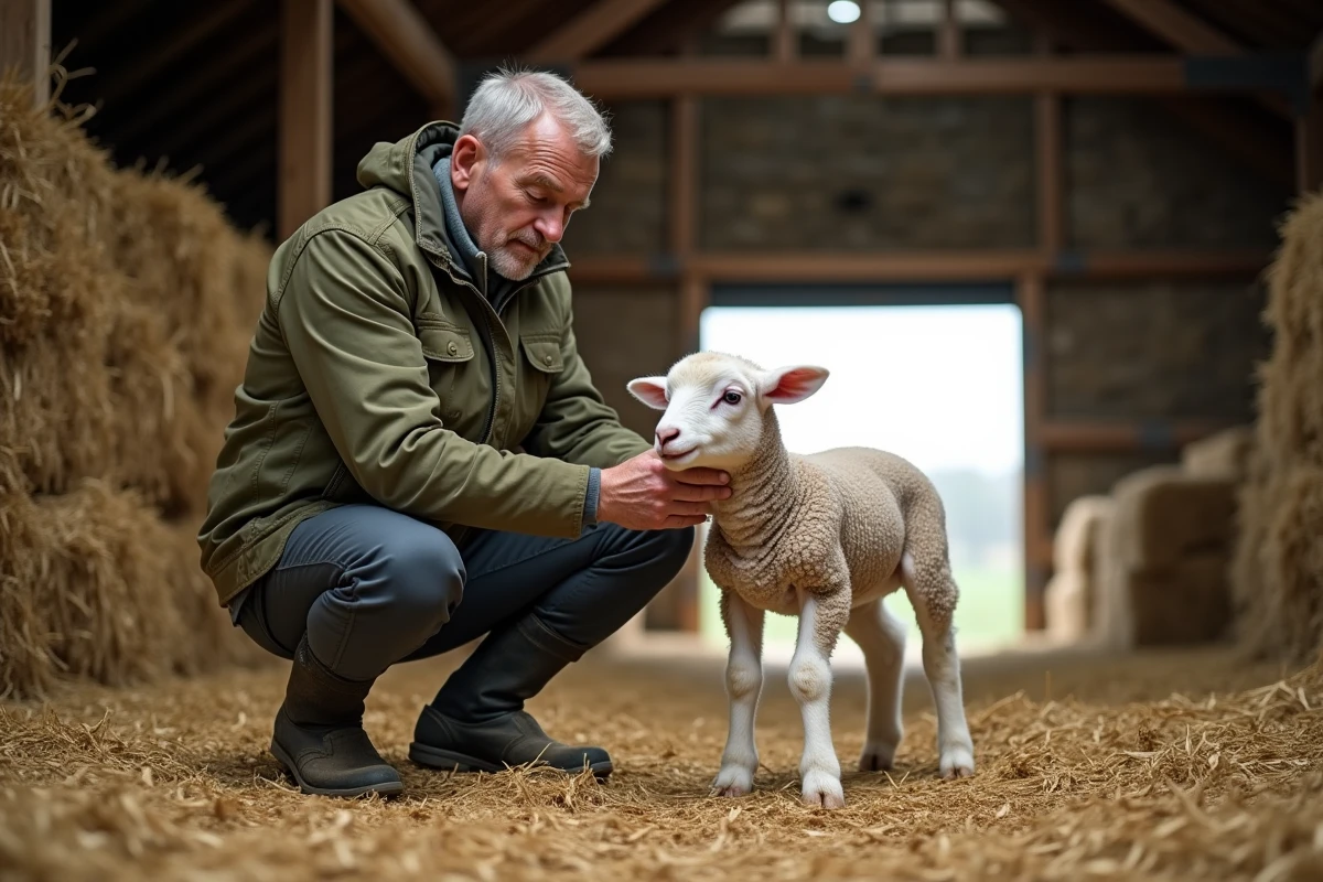Éleveur britannique examinant un agneau Exlana dans une grange rustique, illustrant l'élevage et le suivi de la race dans un contexte agricole authentique