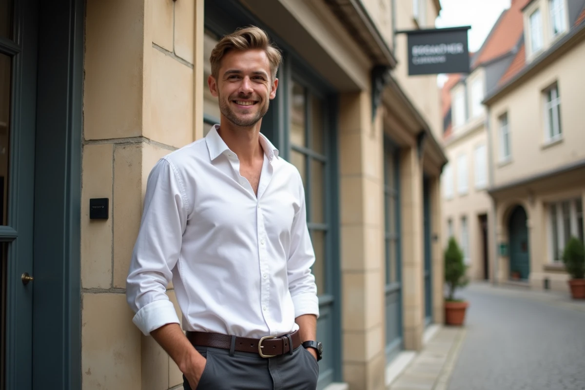Jeune entrepreneur normand devant les locaux d'une startup installée dans un bâtiment à colombages rénové
