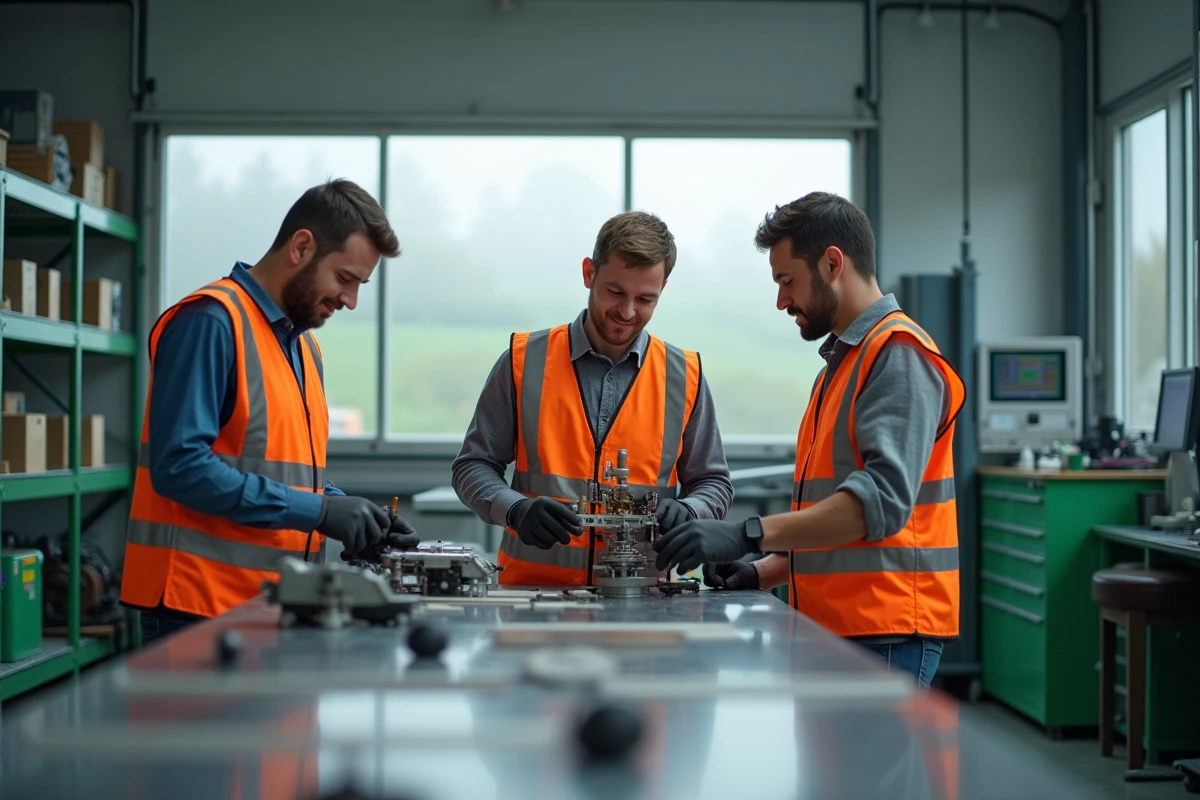 Équipe d'ingénieurs travaillant sur un prototype dans un atelier de fabrication normand
