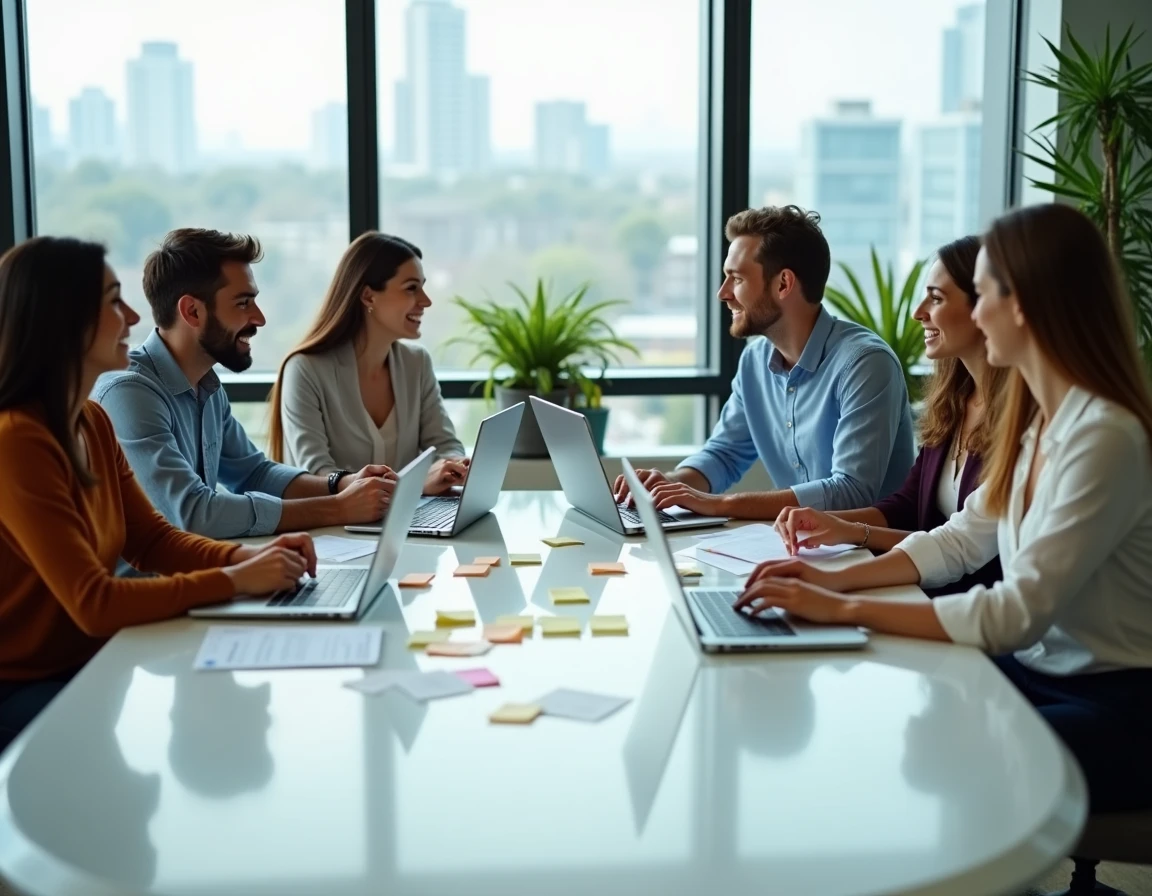 Équipe diverse de professionnels réunis en réunion stratégique autour d'outils numériques pour accélérer l'innovation digitale en entreprise