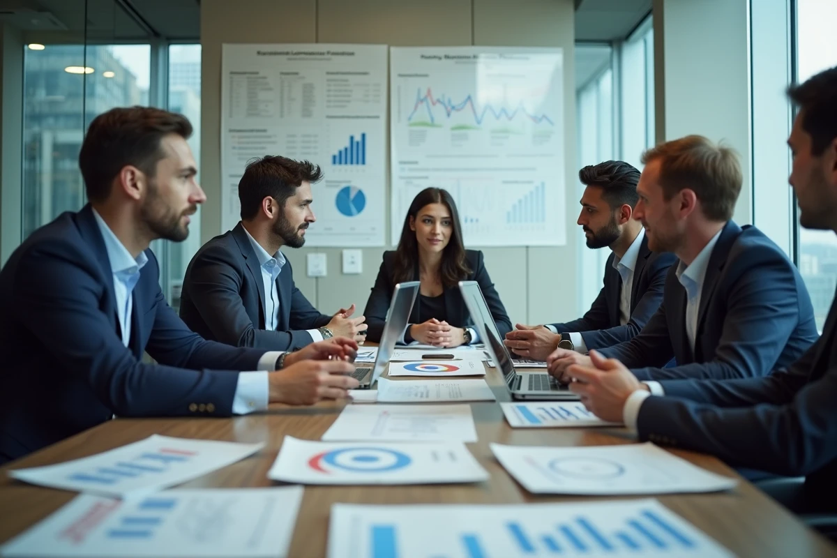Équipe de professionnels discutant d'une stratégie d'investissement blockchain autour d'une table de réunion