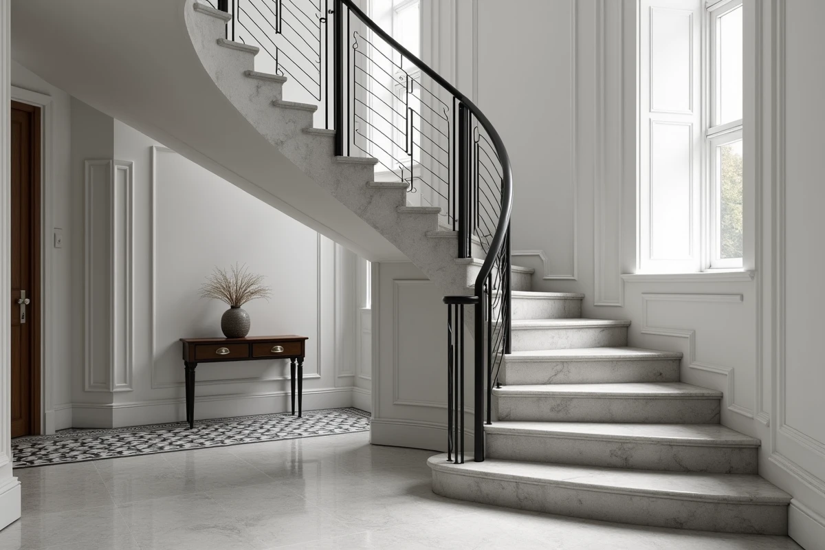 Escalier habillé de carrelage effet marbre gris avec balustrade en fer forgé dans un hall d'entrée contemporain haut de gamme