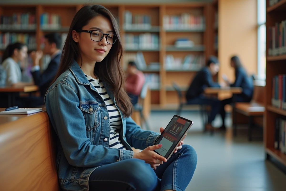 Étudiante en bibliothèque utilisant une tablette pour visionner une vidéo avec des sous-titres téléchargés via Downsub