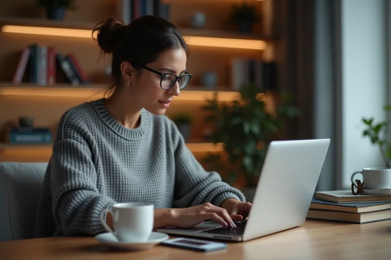 Femme consultant les dernières actualités en ligne sur son ordinateur portable dans un bureau moderne