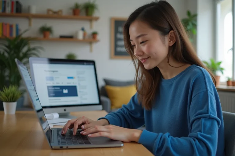 Jeune femme au bureau à la maison utilisant un ordinateur portable