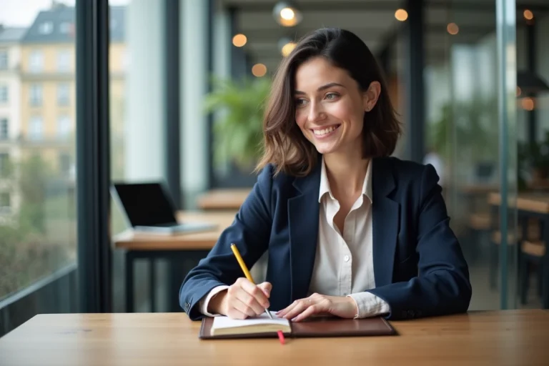Femme française en blazer dans un espace coworking parisien