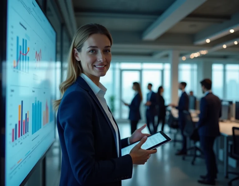 Femme cadre présentant un tableau de bord digital sur un écran interactif dans un bureau moderne lors d'une transformation numérique d'entreprise