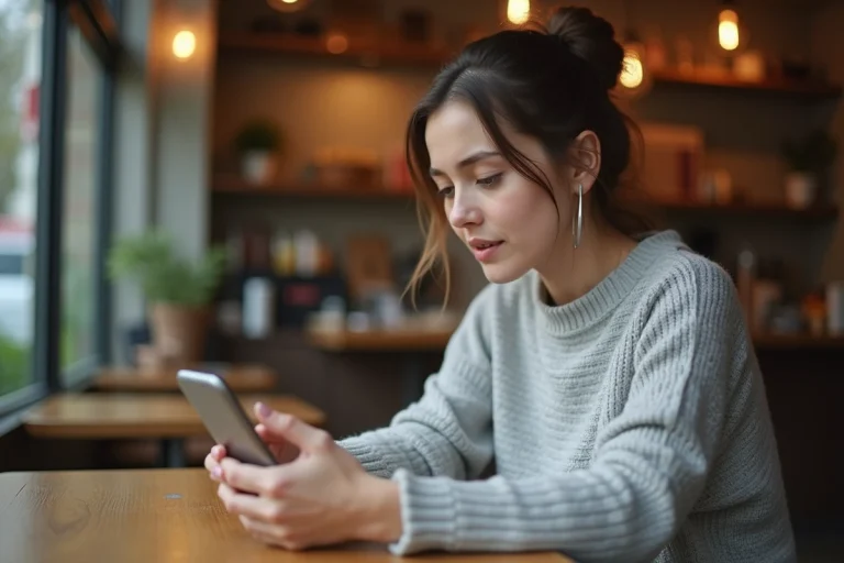 Jeune femme dans un café regardant son smartphone avec une expression interrogative, illustrant la confusion entre WhatsApp et WhatsApp Messenger