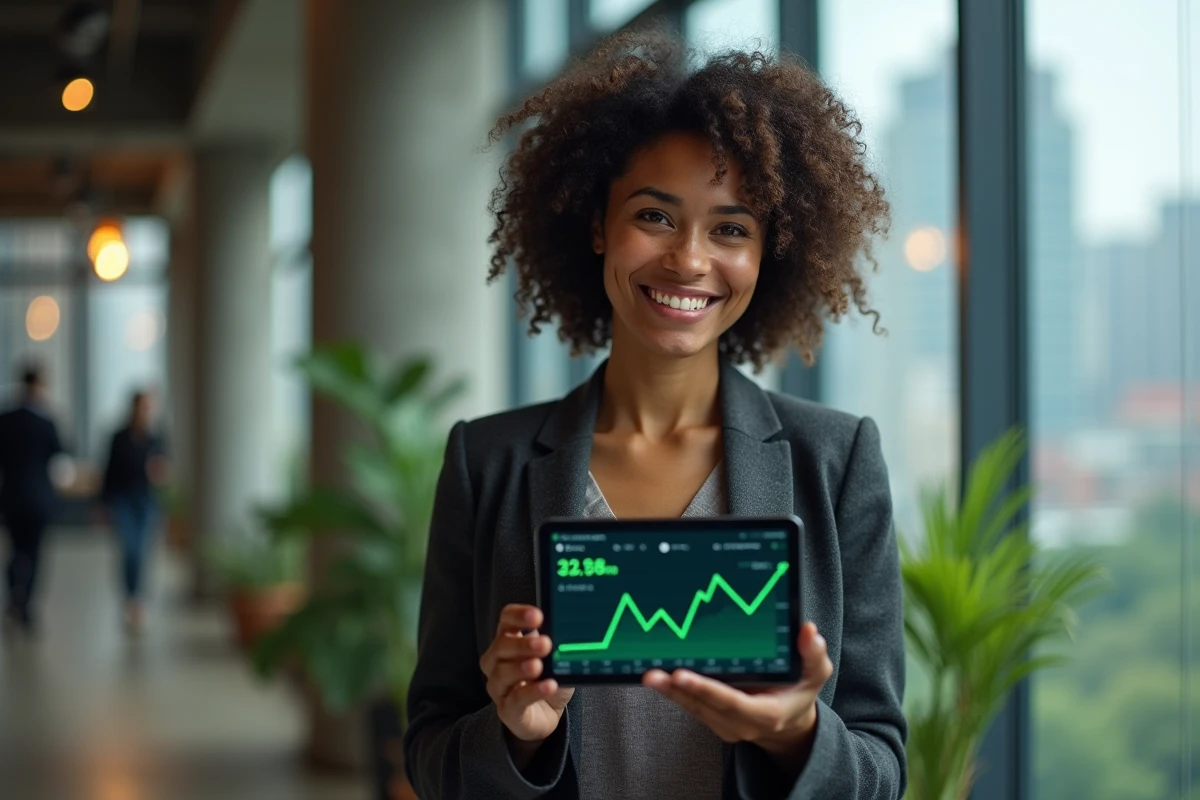 Femme d'affaires tenant une tablette avec tableau de bord d'investissement blockchain dans un espace coworking moderne