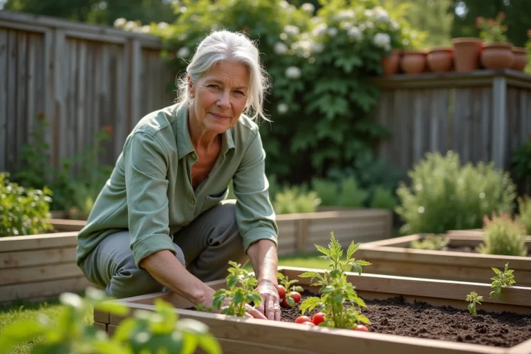 Femme retraitée qui jardine dans son potager, activité épanouissante pour bien vieillir au quotidien