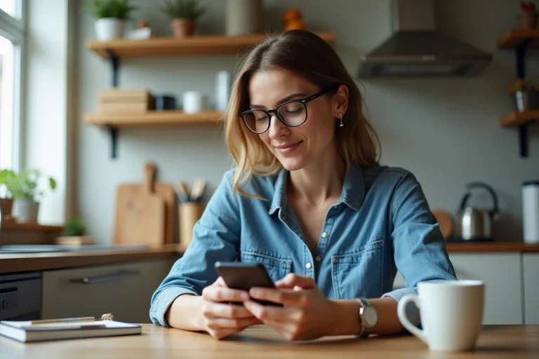 Femme en denim à la maison utilisant son smartphone