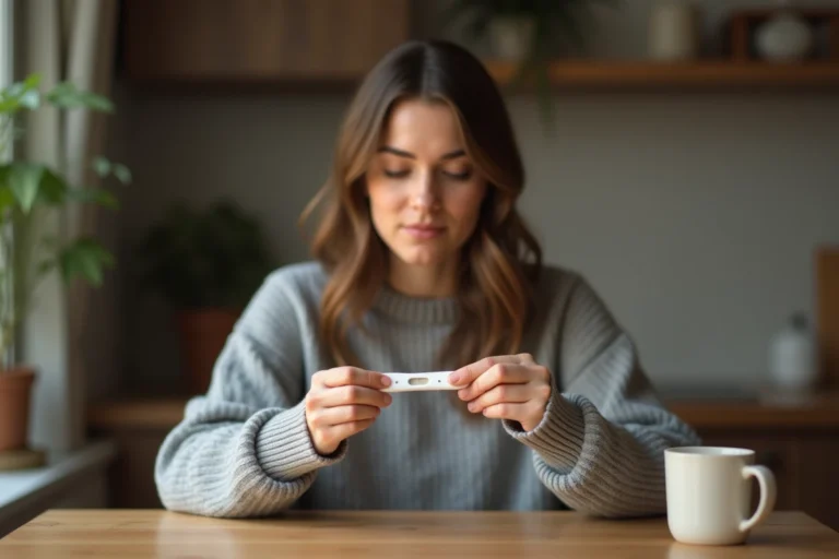 Jeune femme tenant un test de grossesse dans une cuisine chaleureuse, ambiance intime et réfléchie