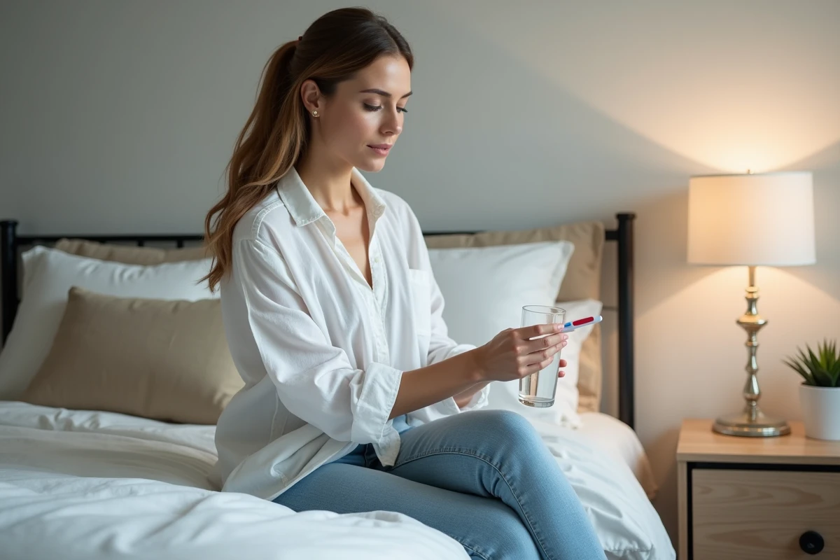 Femme posant un test de grossesse sur une table de chevet dans une chambre apaisante