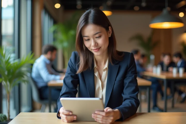 Femme en blazer lisant sur une tablette dans un espace coworking