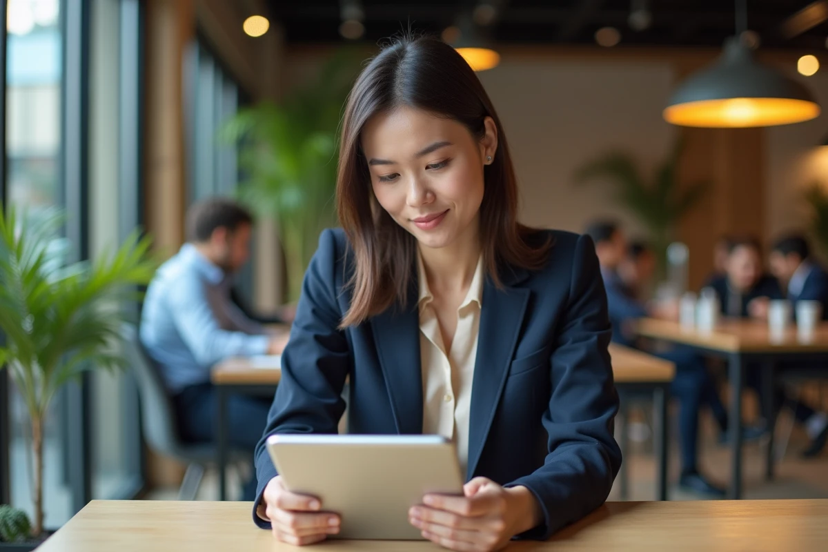 Femme en blazer lisant sur une tablette dans un espace coworking