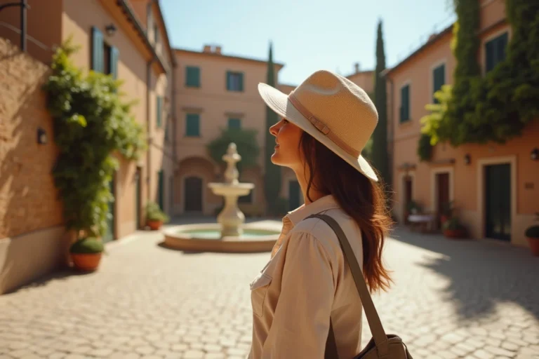 Femme voyageuse en chapeau de paille explorant une vieille ville méditerranéenne aux toits en tuiles et aux ruelles pavées