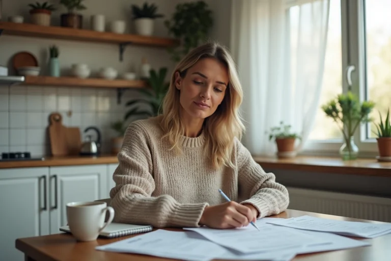 Femme d'une quarantaine d'années qui examine ses factures médicales et documents d'assurance santé à une table de cuisine en bois, illustrant la gestion des dépenses de santé au quotidien