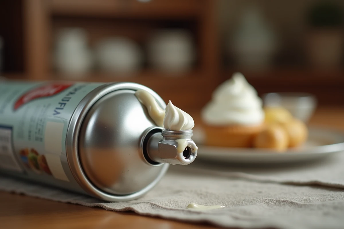 Gros plan d'une bombe de chantilly défectueuse avec résidu sur le bec verseur posée sur une table en bois