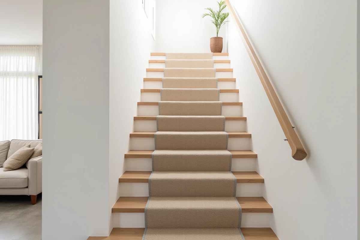 Escalier rénové avec marches en chêne clair, contremarches blanches et tapis de passage en chevron dans un intérieur contemporain