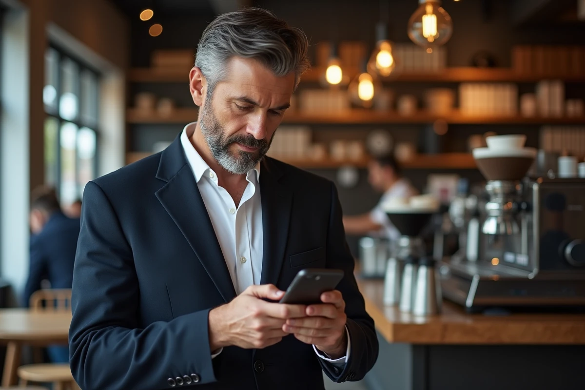 Homme lisant les actualités du web sur son smartphone dans un café animé de la ville