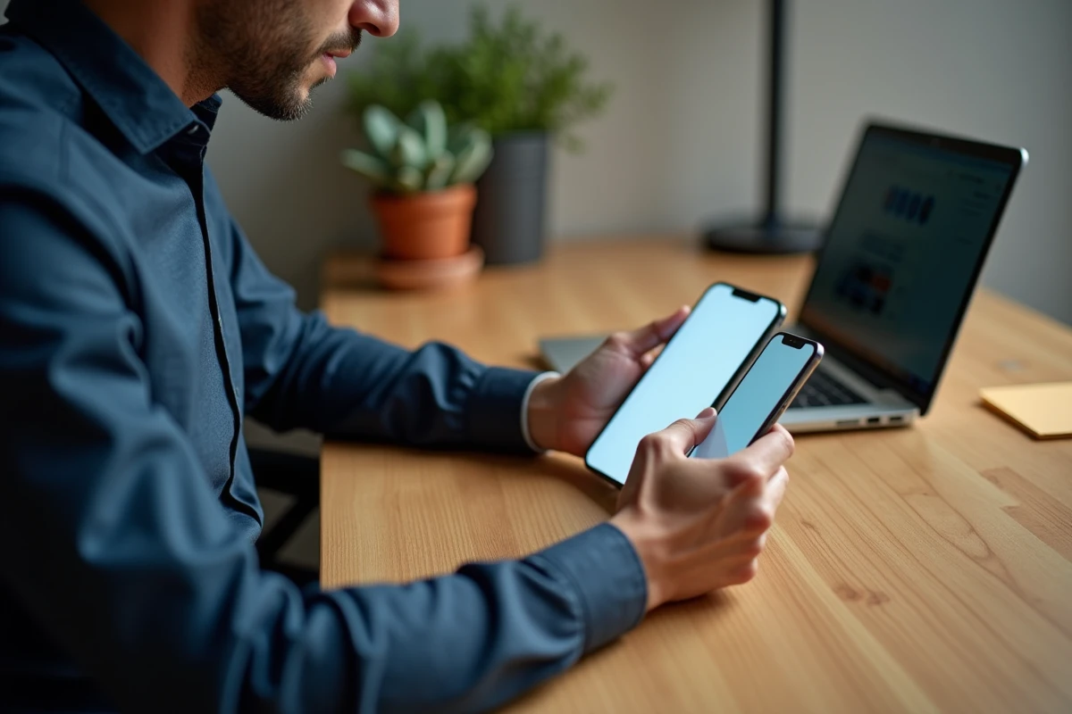 Homme en télétravail comparant deux smartphones côte à côte sur un bureau, symbolisant la comparaison entre WhatsApp et WhatsApp Messenger
