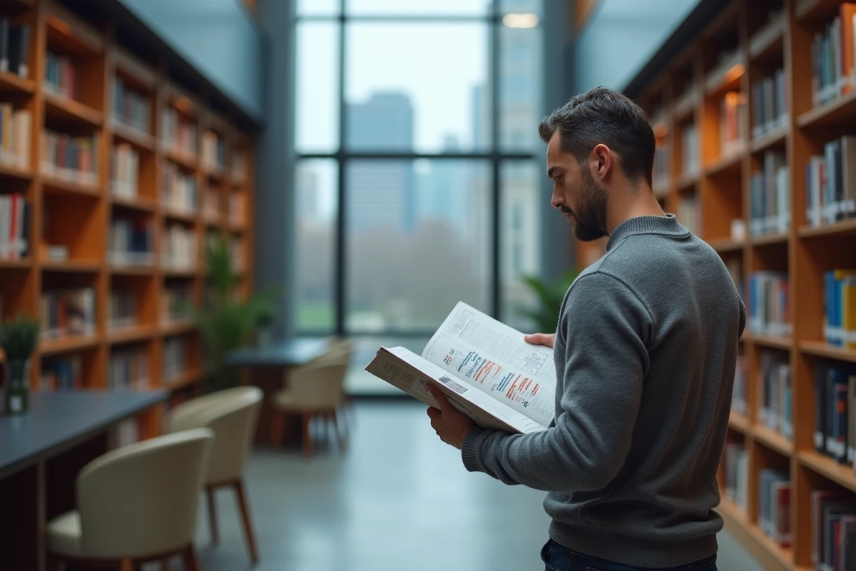 Homme lisant un magazine d'actualité et de tendances dans une bibliothèque moderne avec vue sur la ville