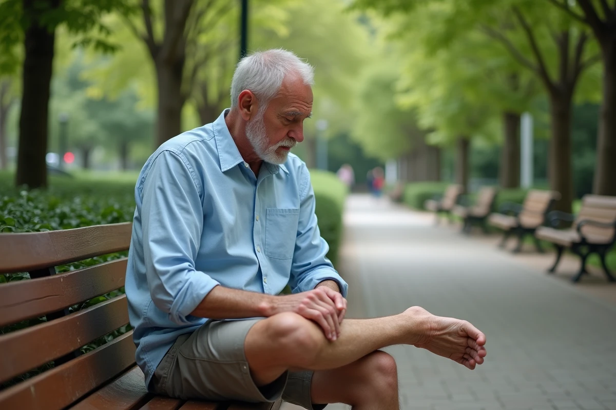 Homme plus âgé regardant ses jambes dans un parc