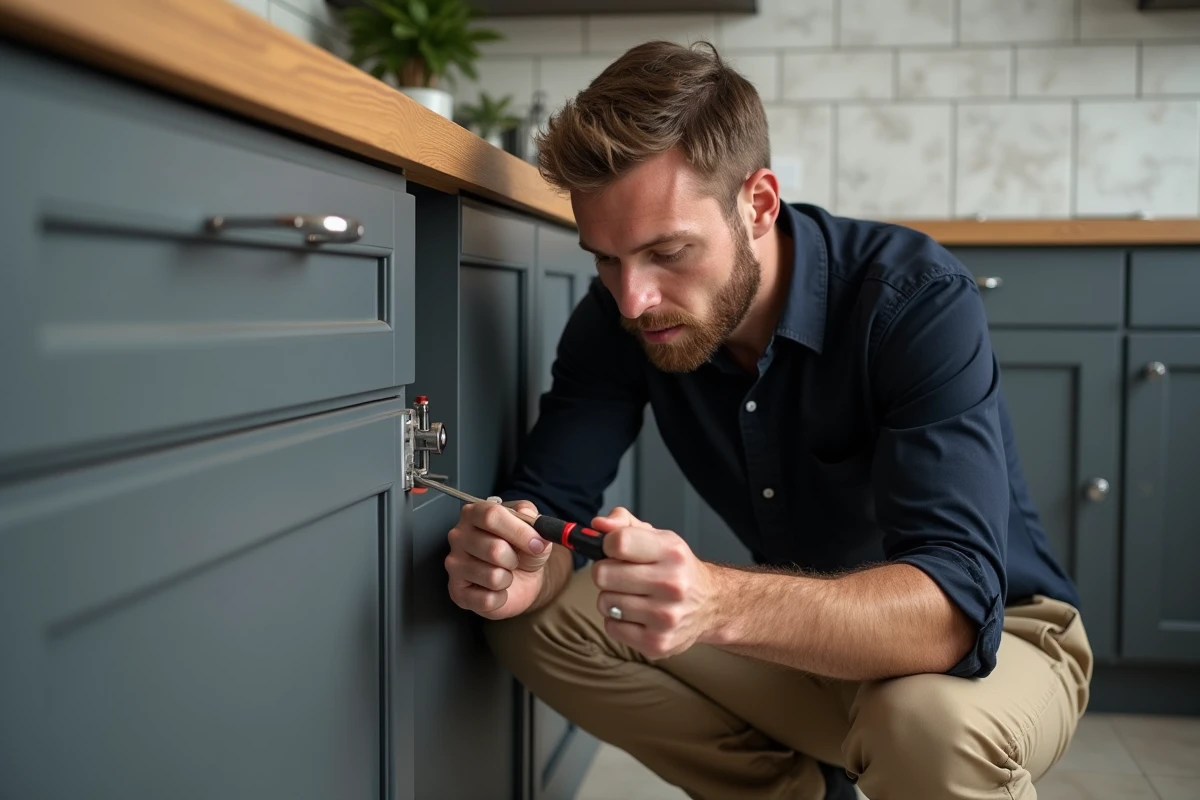 Homme réparant une charnière d'armoire de cuisine avec un tournevis dans une cuisine moderne aux façades grises