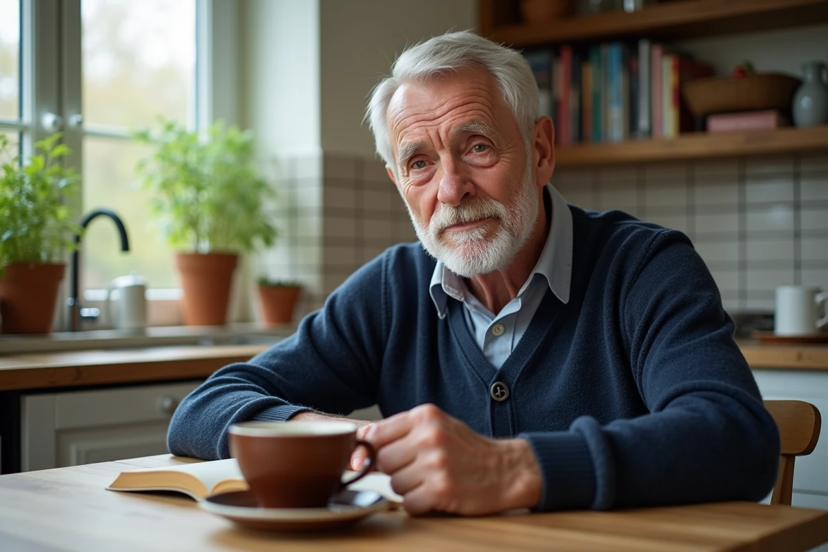 Homme retraité lisant tranquillement chez lui, moment de bien-être et de détente pour les seniors