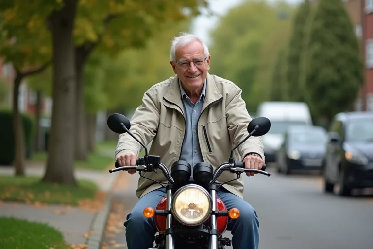 Senior homme souriant sur moto en extérieur