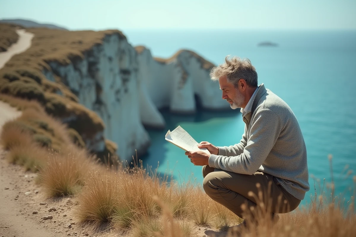 Homme consultant une carte sur un sentier côtier escarpé avec vue sur une mer turquoise et des falaises calcaires