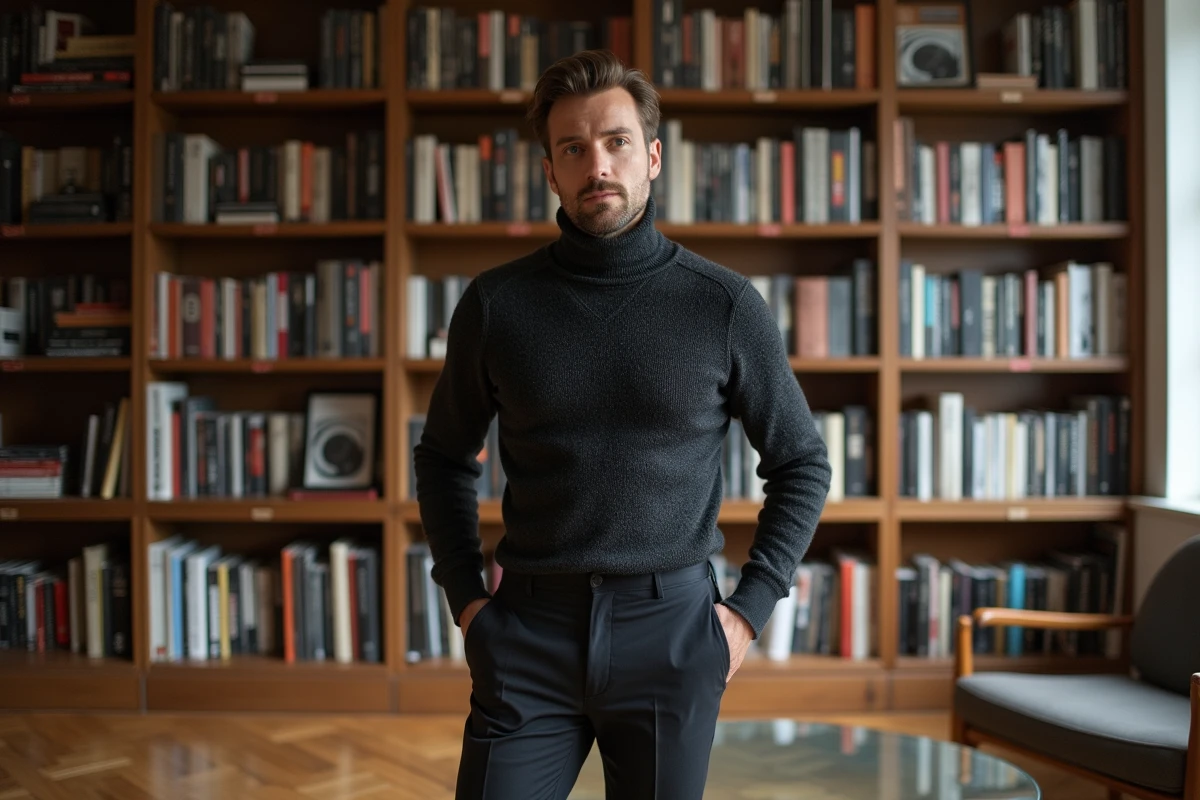 Homme stylé en col roulé devant une bibliothèque dans un appartement parisien contemporain