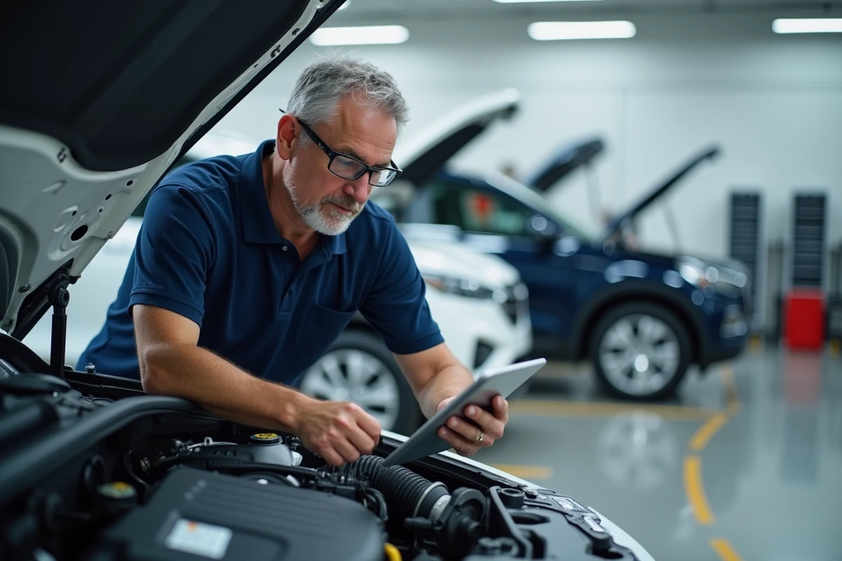Ingénieur automobile inspectant le moteur d'un SUV hybride dans un atelier de test professionnel avec tablette de diagnostic