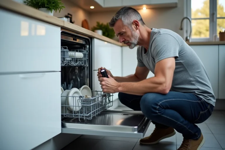 Homme inspectant le filtre d'un lave-vaisselle Bosch pour résoudre le code erreur E15